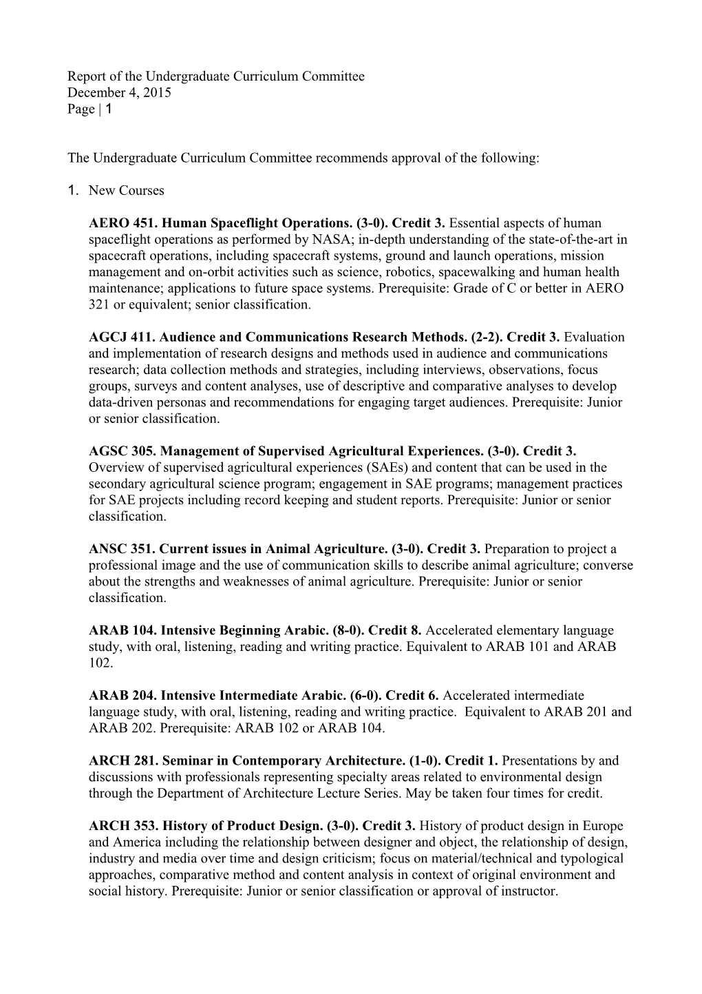 Report of the Undergraduate Curriculum Committee