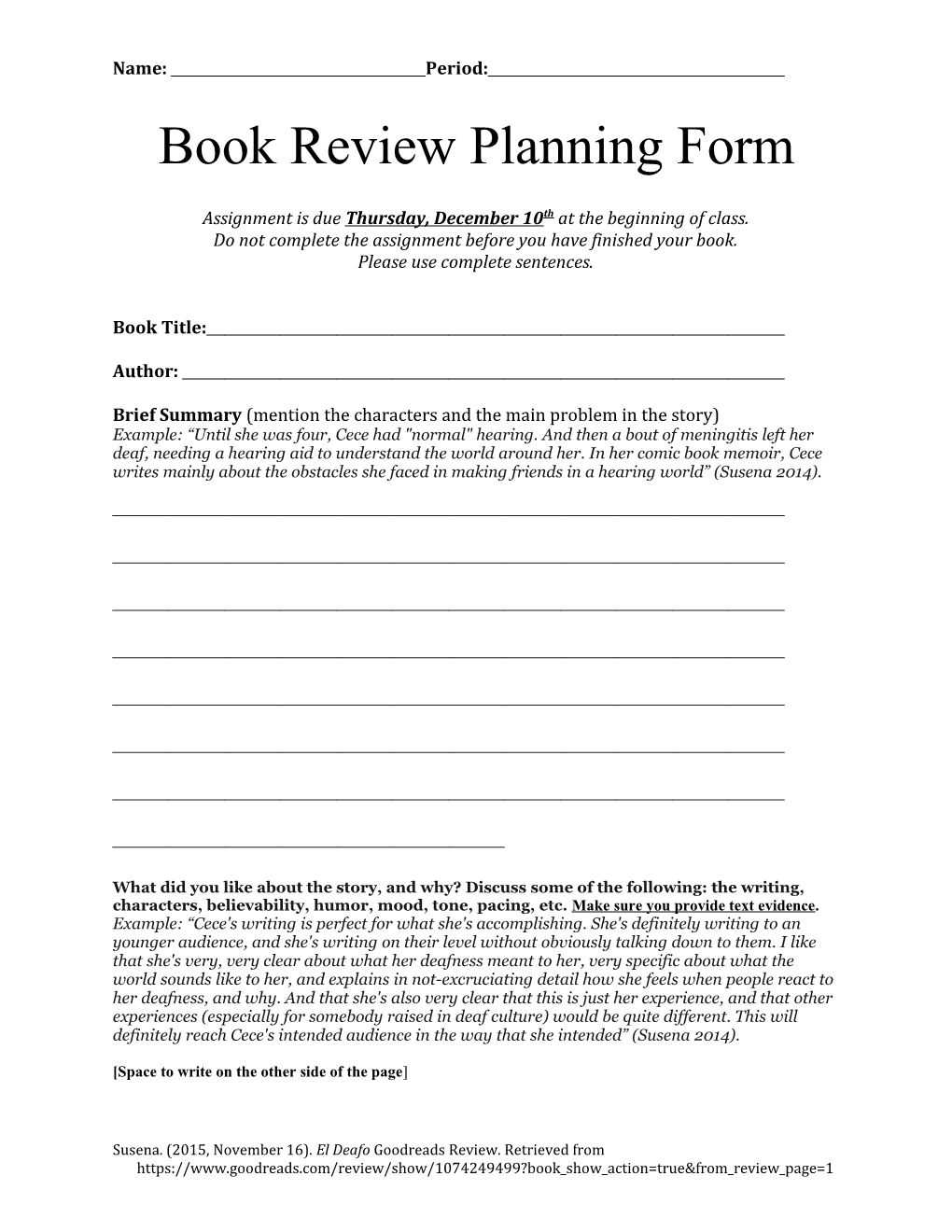 Book Review Planning Form