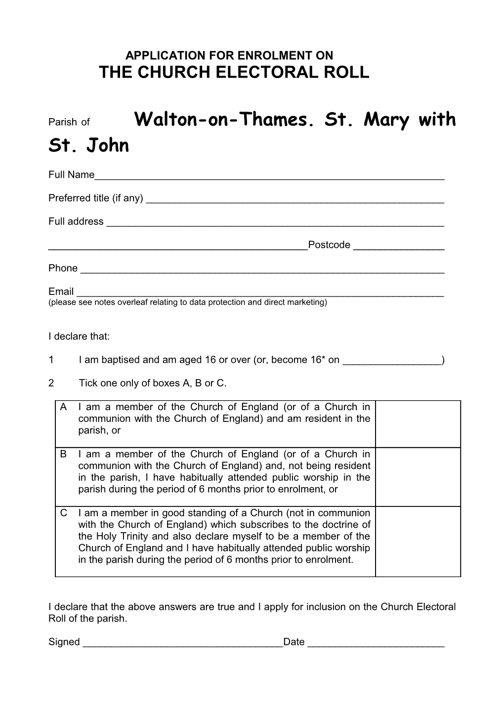 Application for Enrolment on the Church Electoral Roll