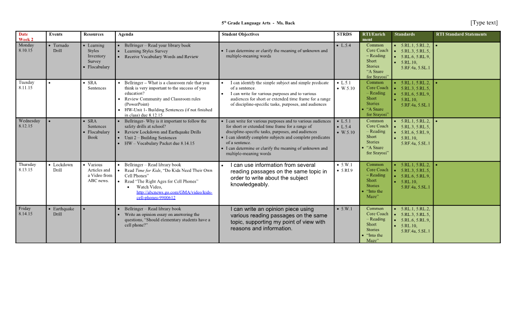 5Th Grade Language Arts - Ms. Back Type Text