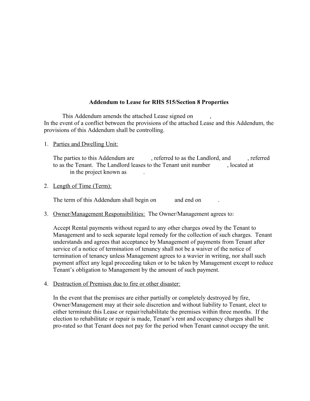Addendum to Lease for RHS 515/Section 8 Properties