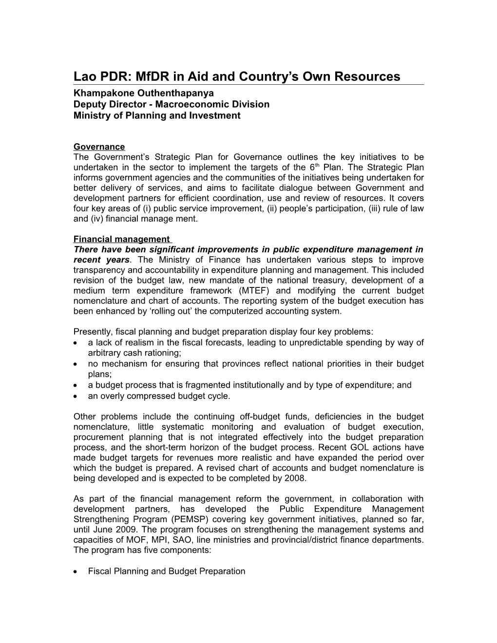 Lao PDR: Mfdr in Aid and Country S Own Resources