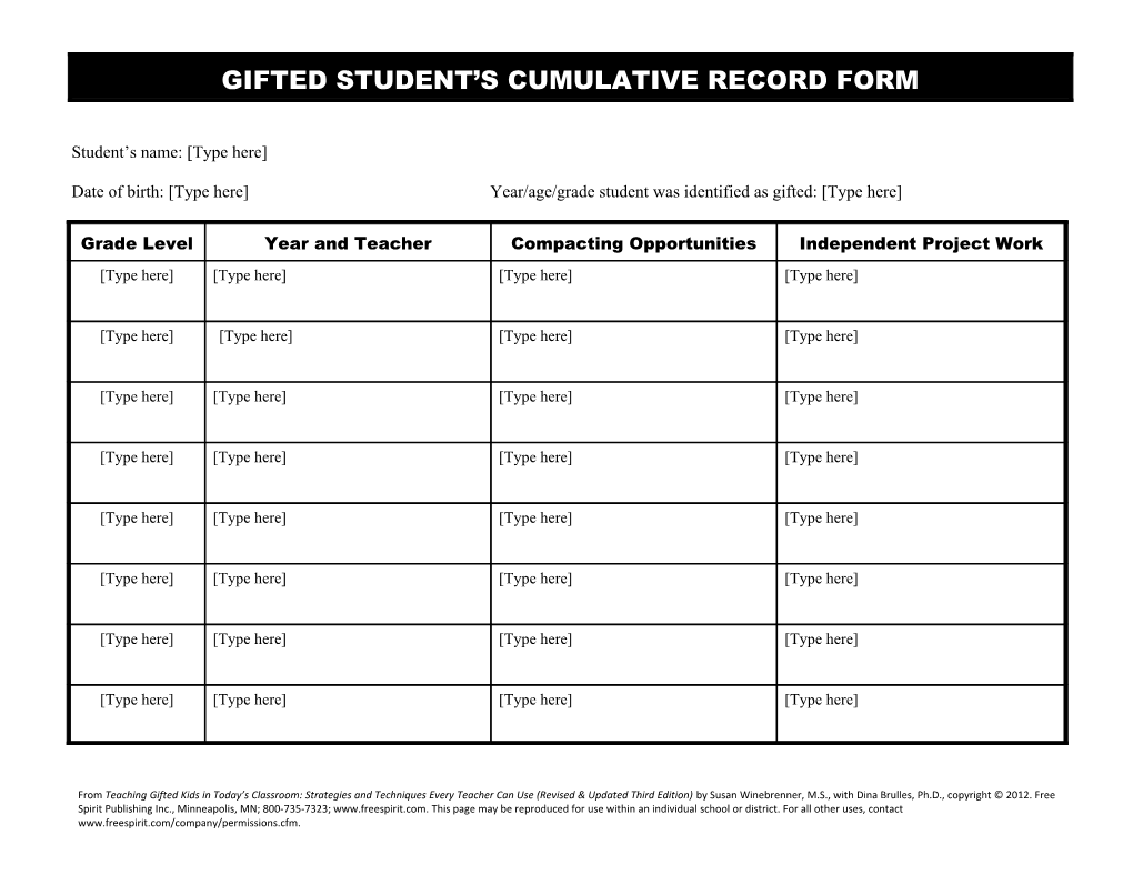 Gifted Student S Cumulative Record Form