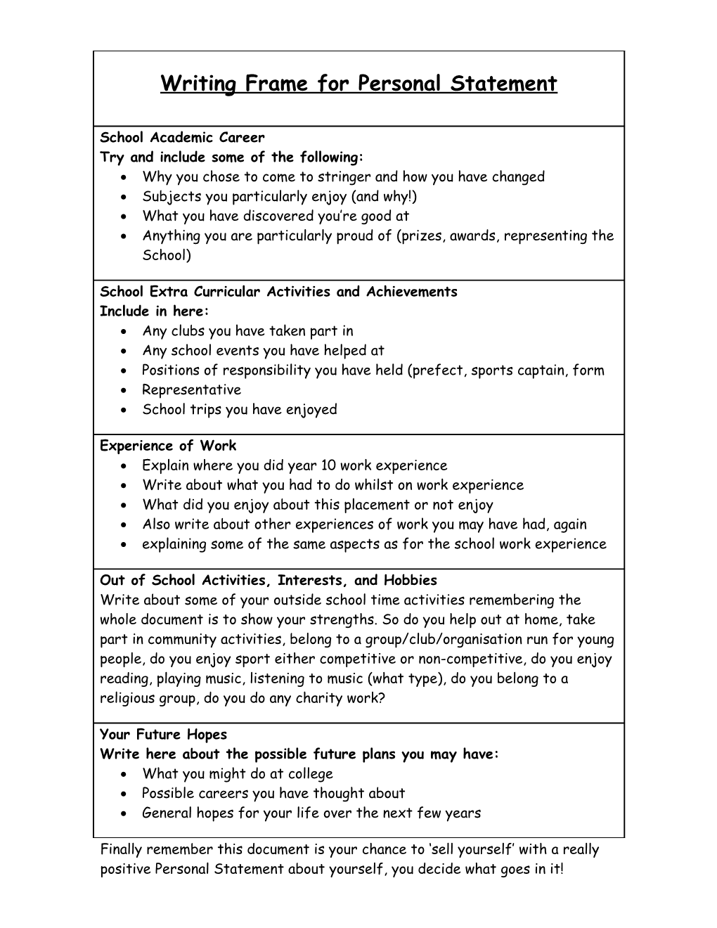 Writing Frame for Personal Statement