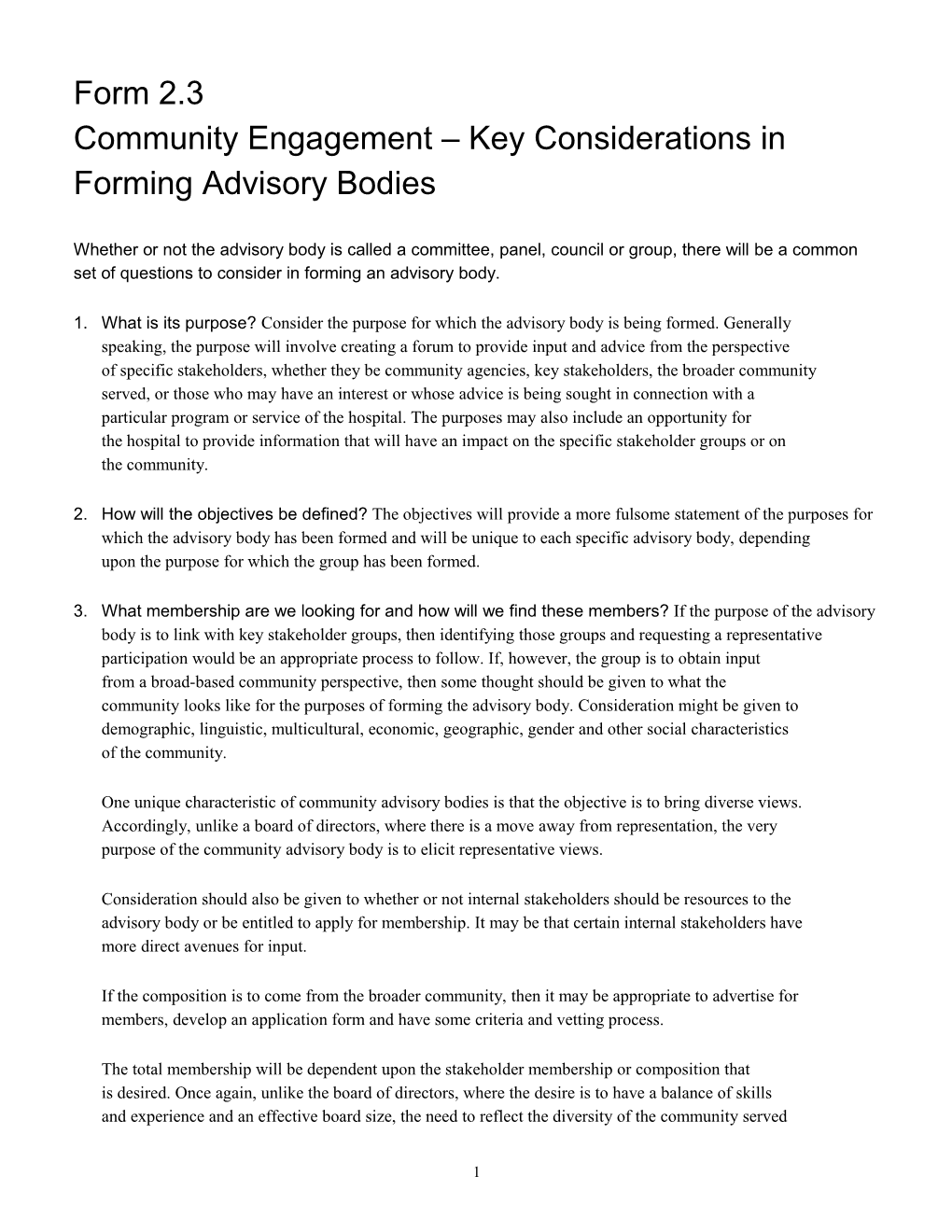 Community Engagement Key Considerations in Forming Advisory Bodies