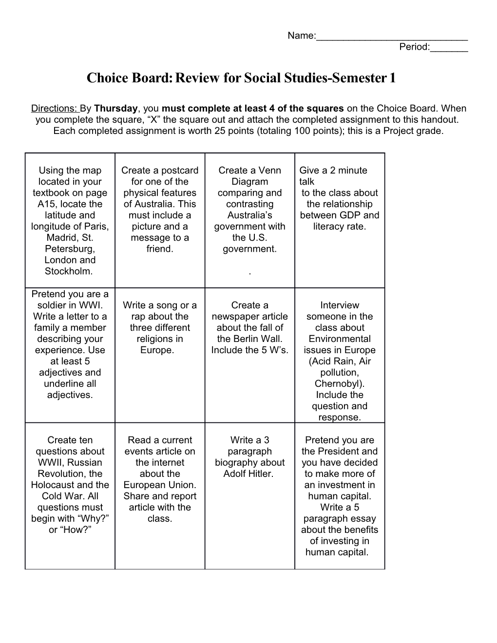 Tic-Tac-Toe Social Studies Assignment Board