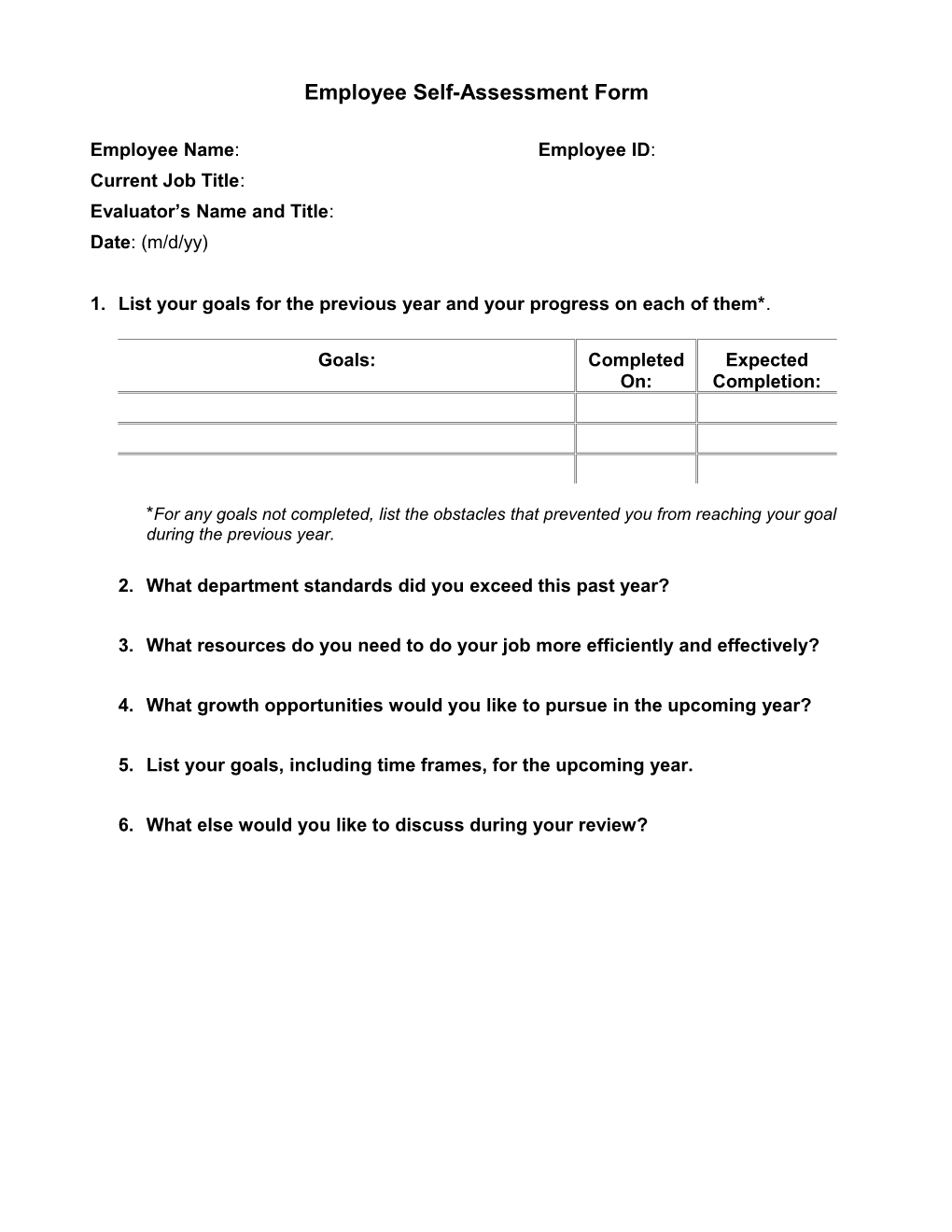 Employee Self Assessment Form