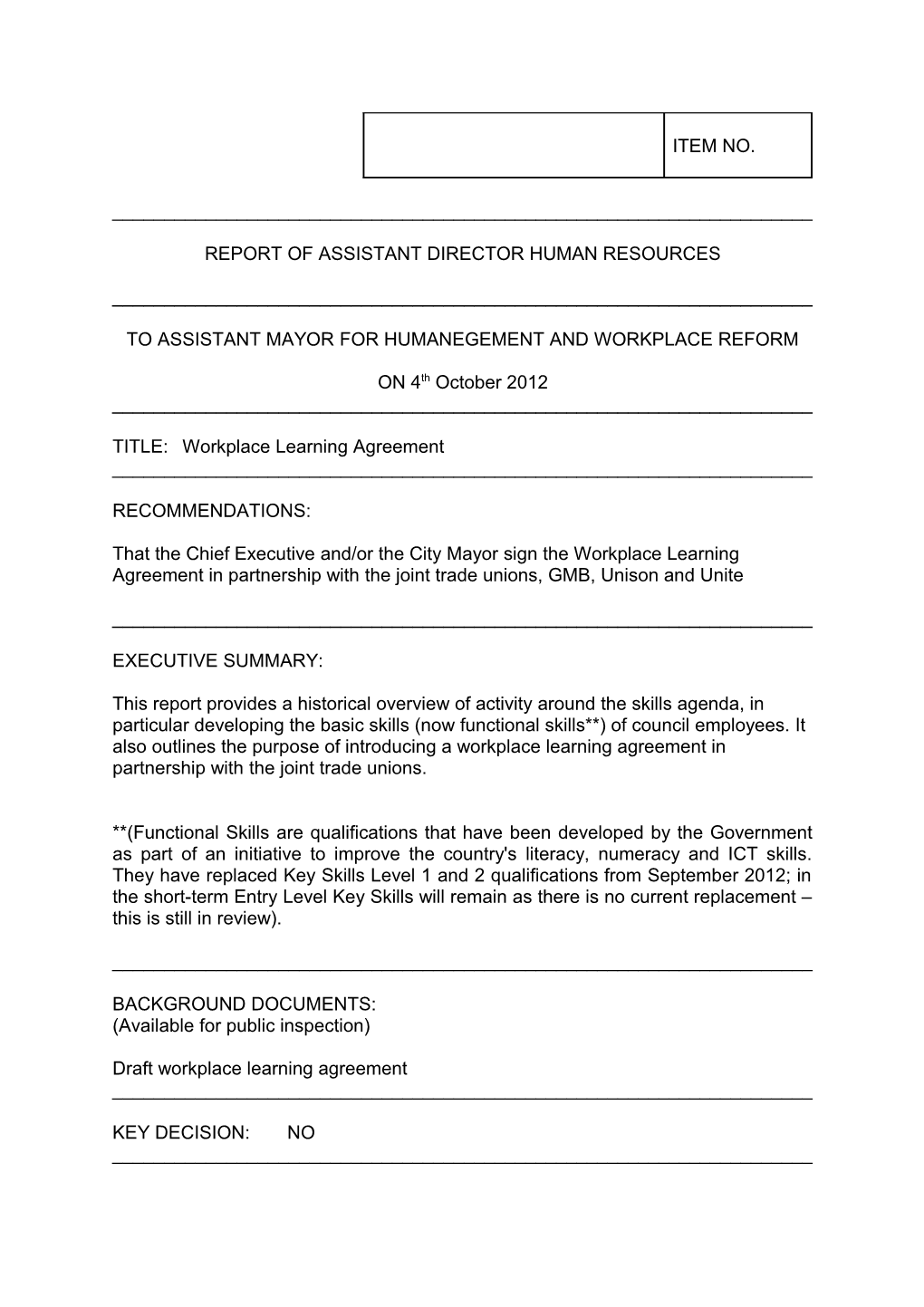 Report of Assistant Director Human Resources