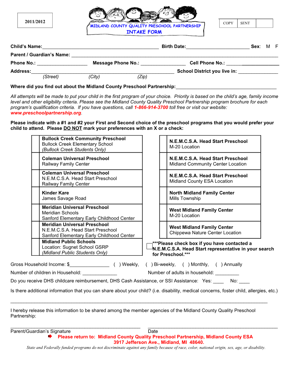 Preschool Intake Form 1999-2000