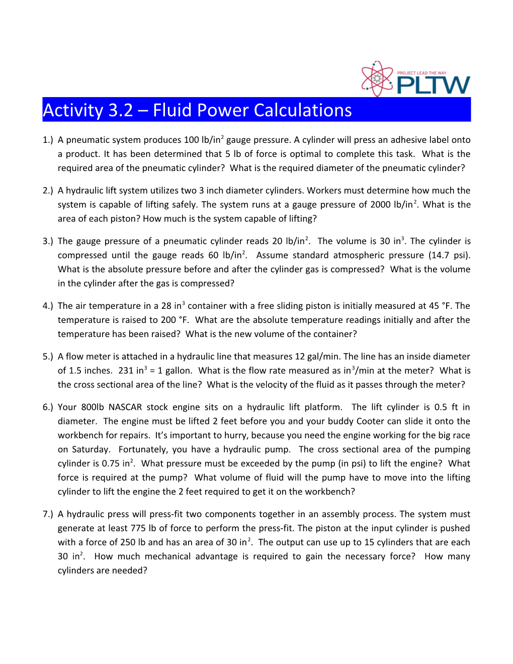 Activity 3.2 Fluid Power Calculations