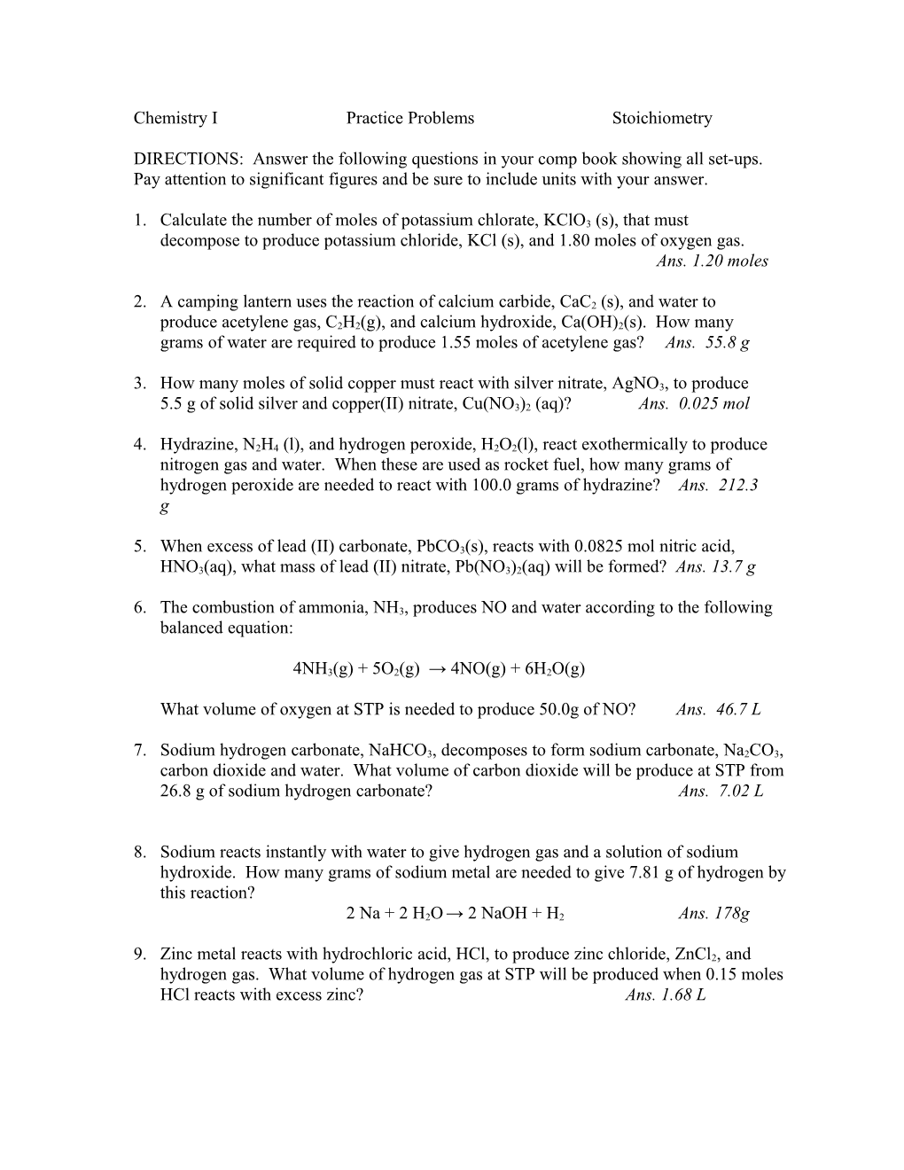 Chemistry I Practice Problems Stoichiometry