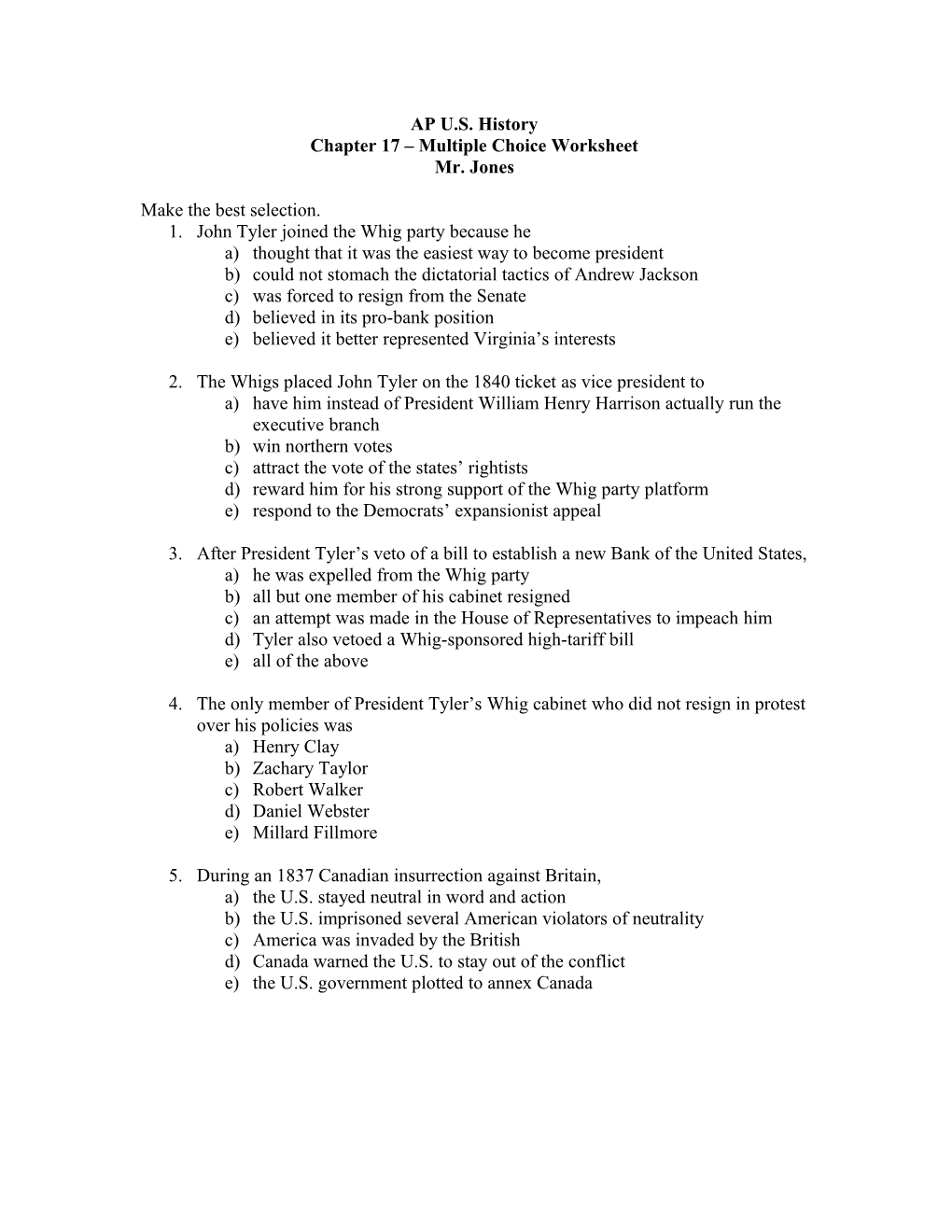Chapter 17 Multiple Choice Worksheet