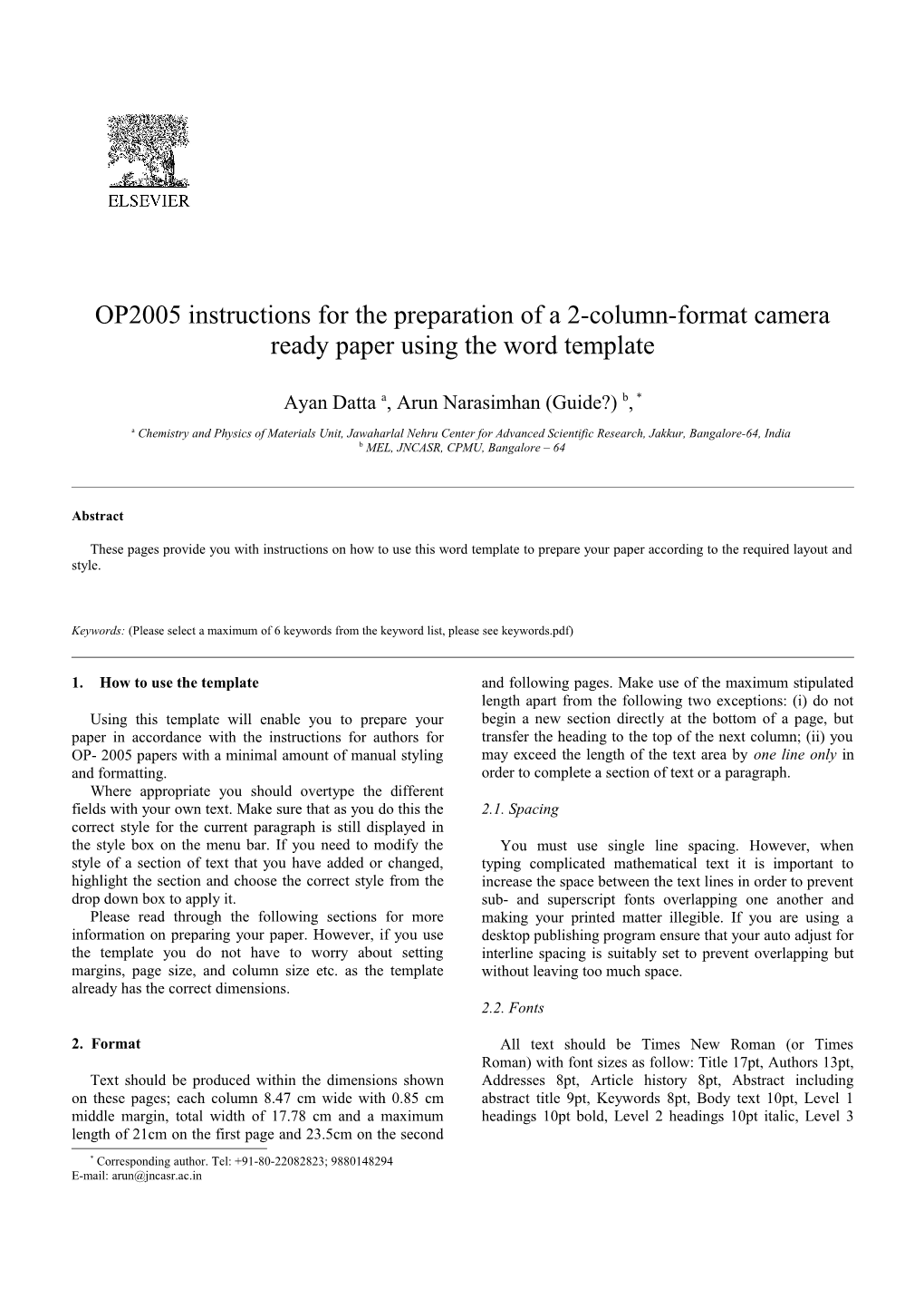 Elsevier Instructions for the Preparation of a 2-Column-Format Camera Ready Paper