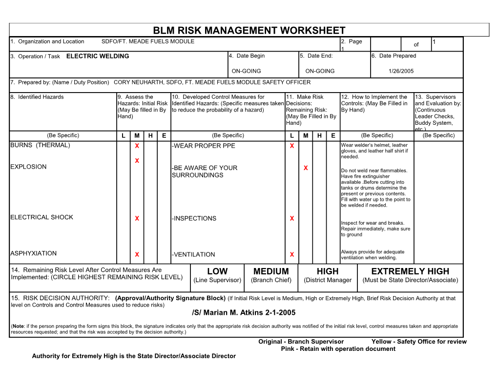 Blm Risk Management Worksheet s1