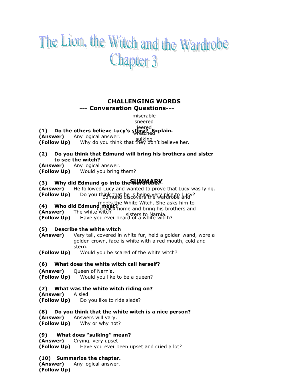 Book Title: the Lion, the Witch, and the Wardrobe Chapter 3