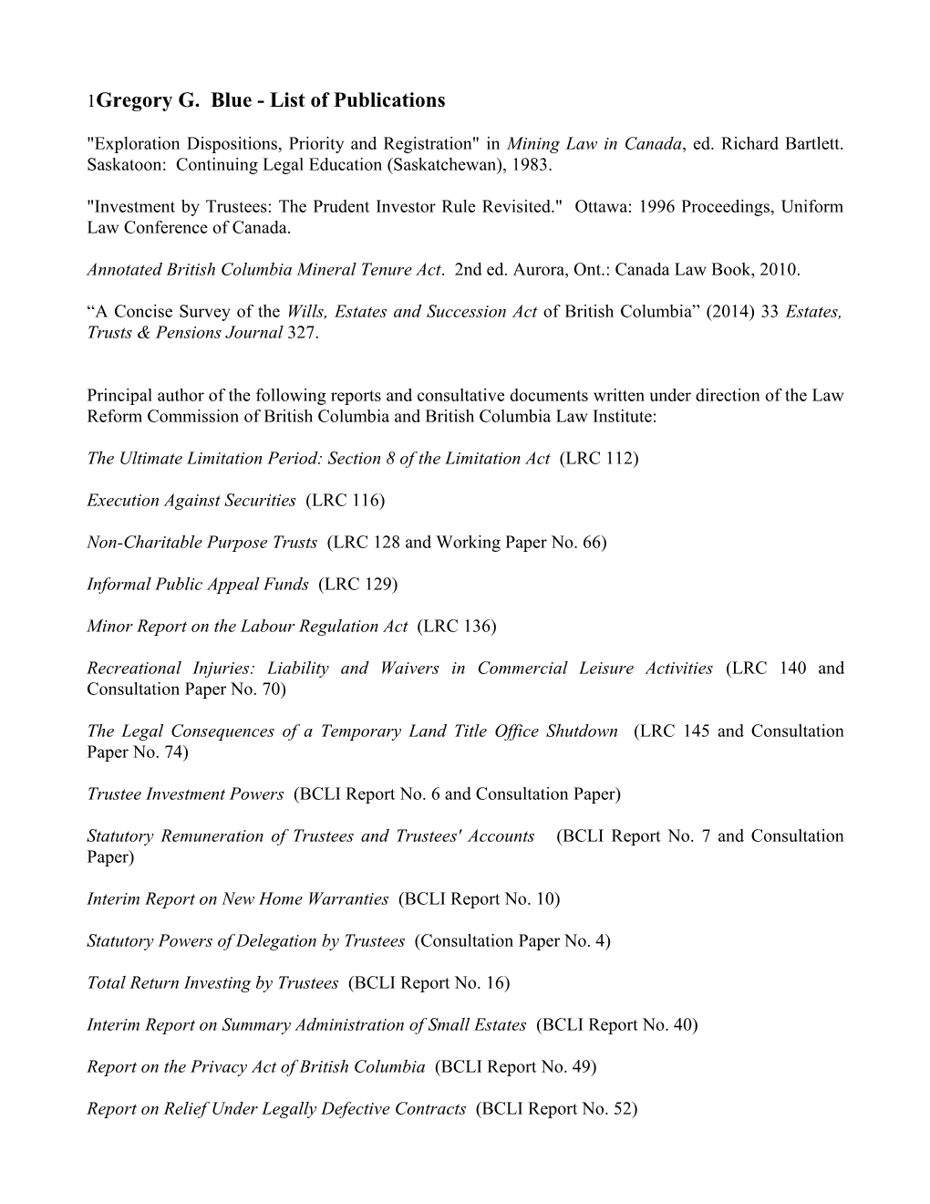 Gregory G. Blue - List of Publications