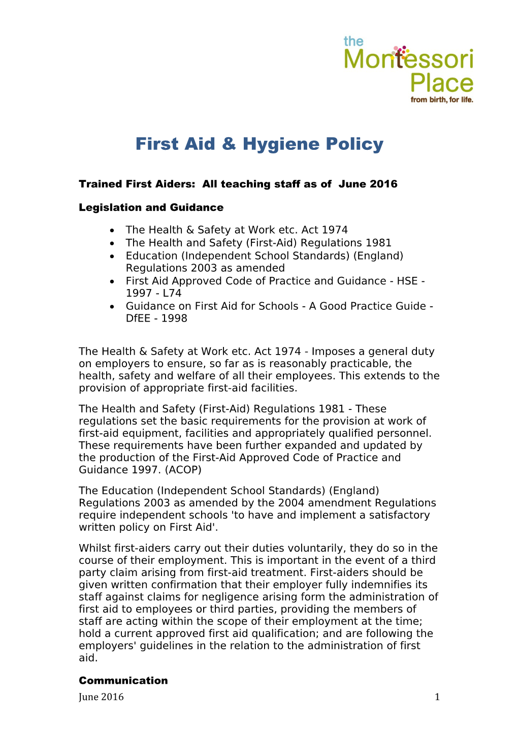 First Aid & Hygiene Policy