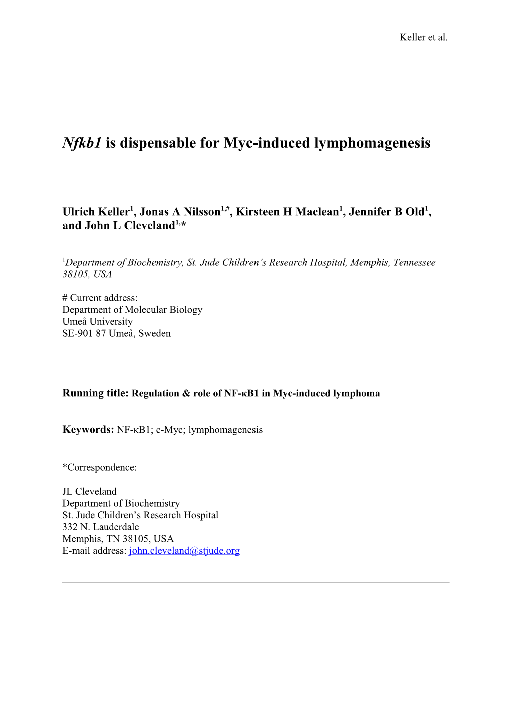 Myc Represses Nfcb1expression, but Loss of Nfκb1 Does Not Affect Myc-Induced Lymphomagenesis