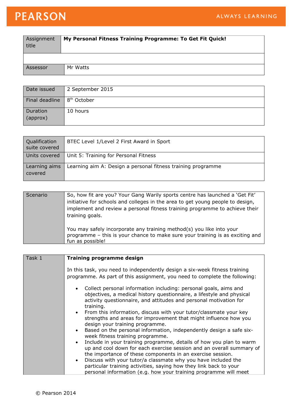 Unit 5: Training for Personal Fitness. Authorised Assignment Brief. Learning Aim a (Version