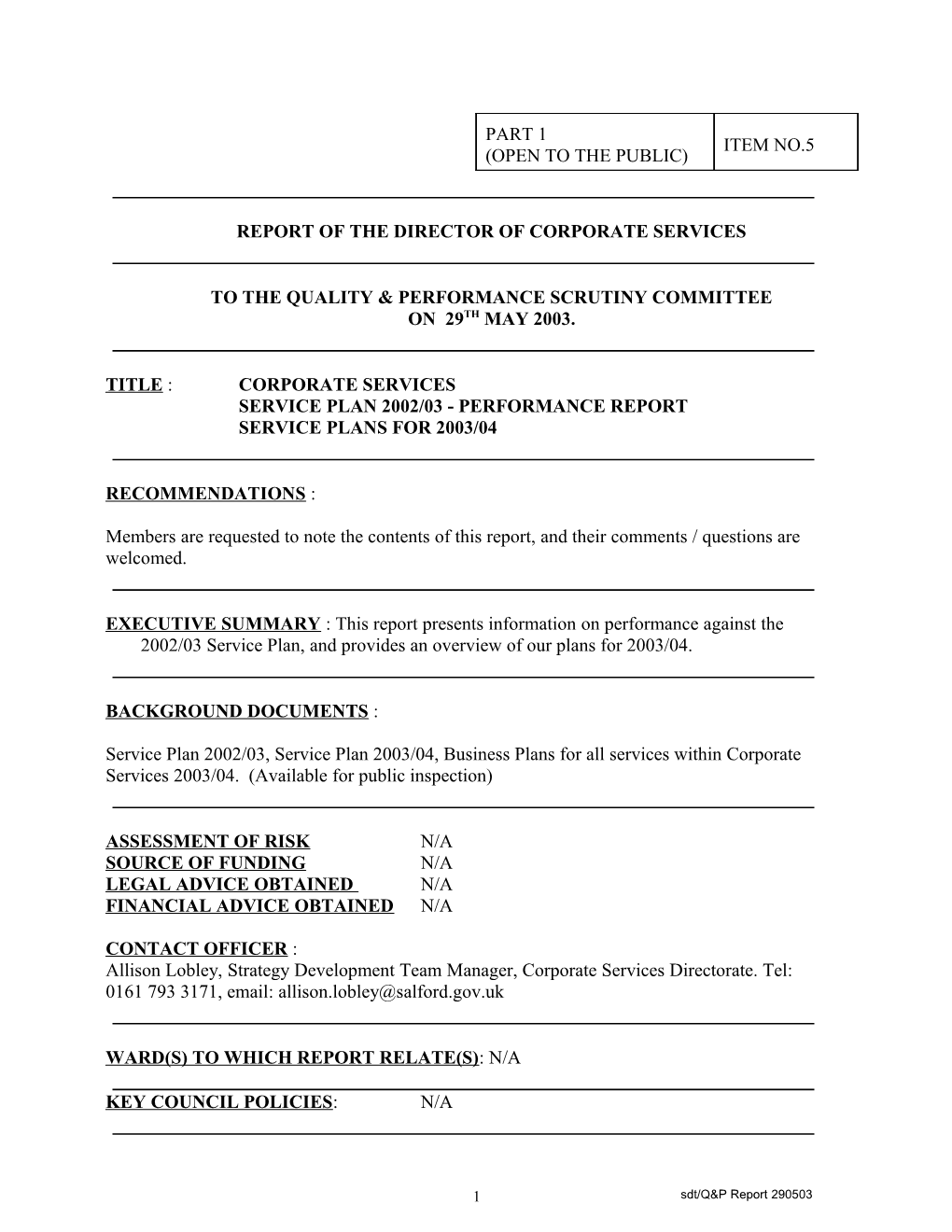 Report of the Director of Corporate Services s1