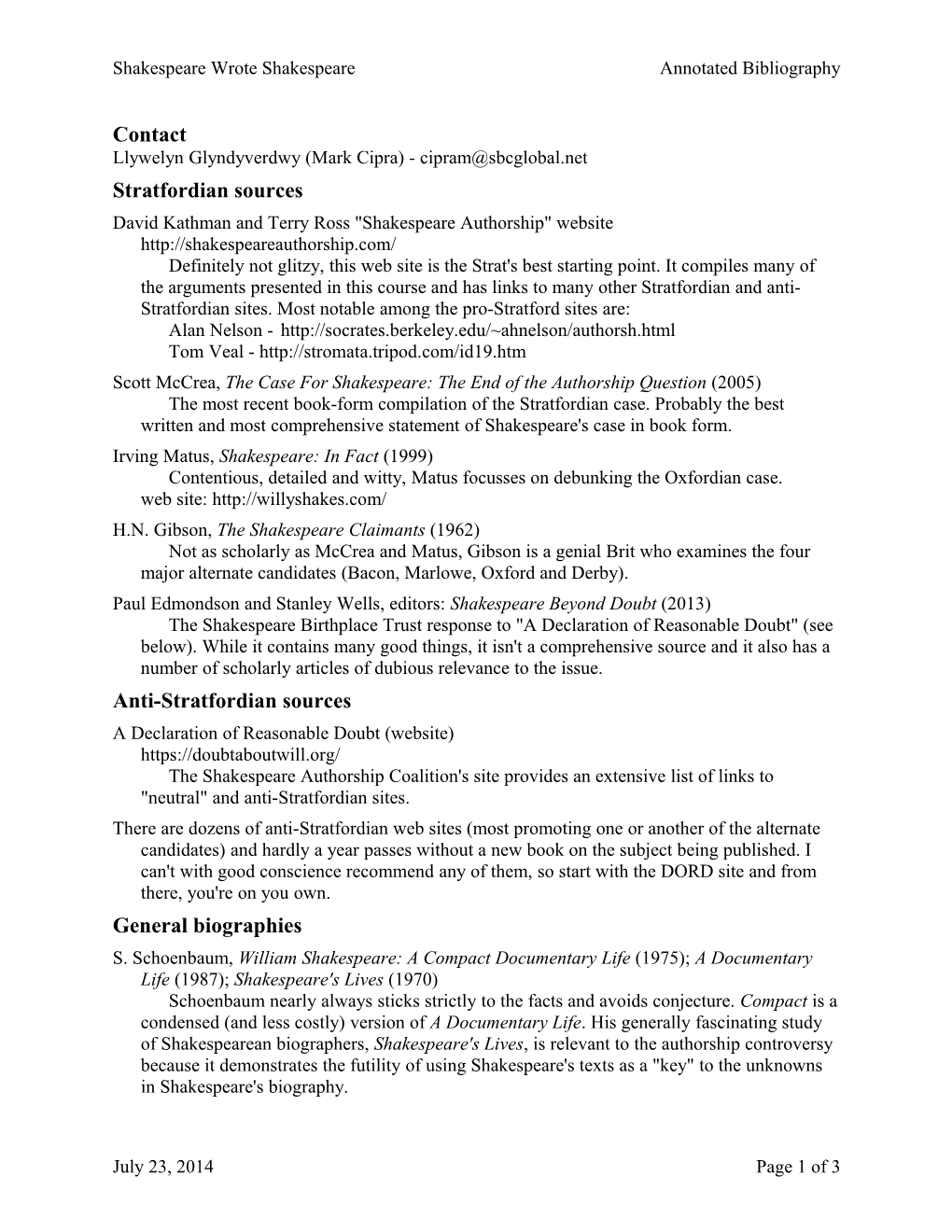 Shakespeare Wrote Shakespeare Annotated Bibliography