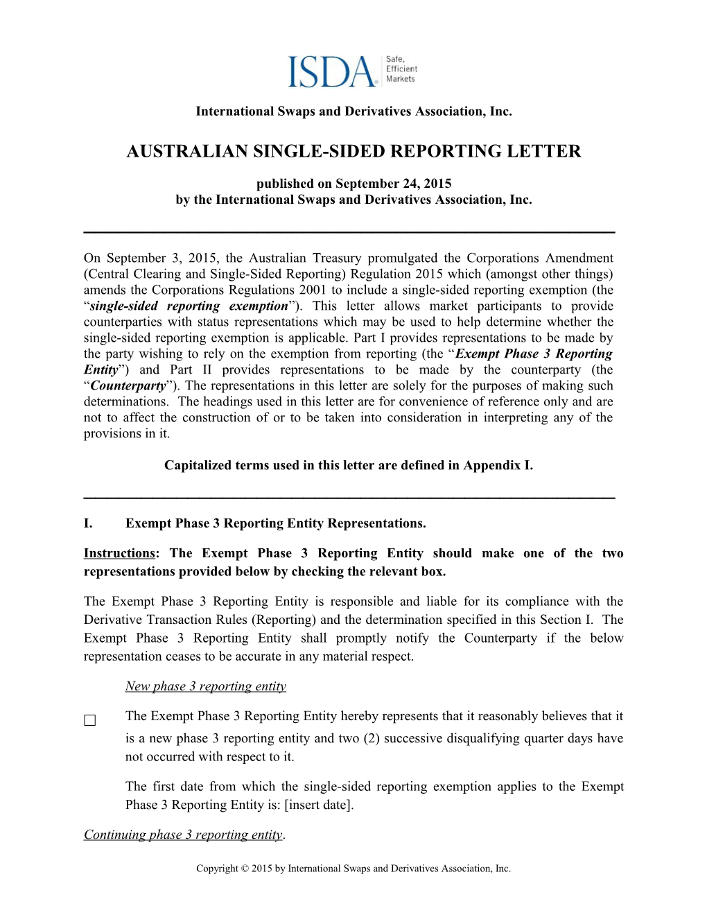 ISDA Australian Single-Sided Reporting Letter