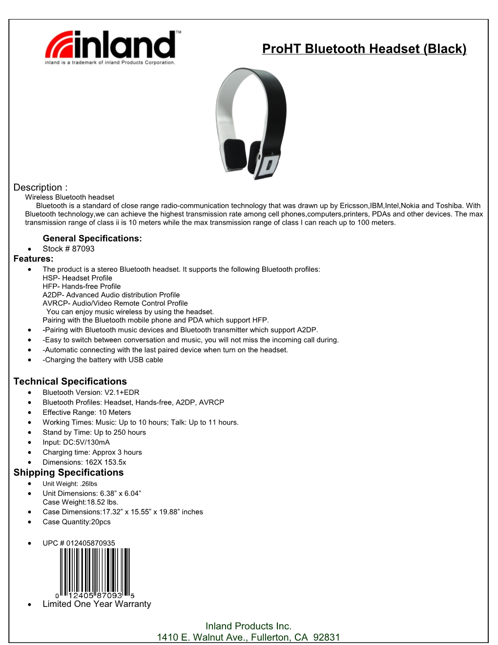 Proht Bluetooth Headset (Black)