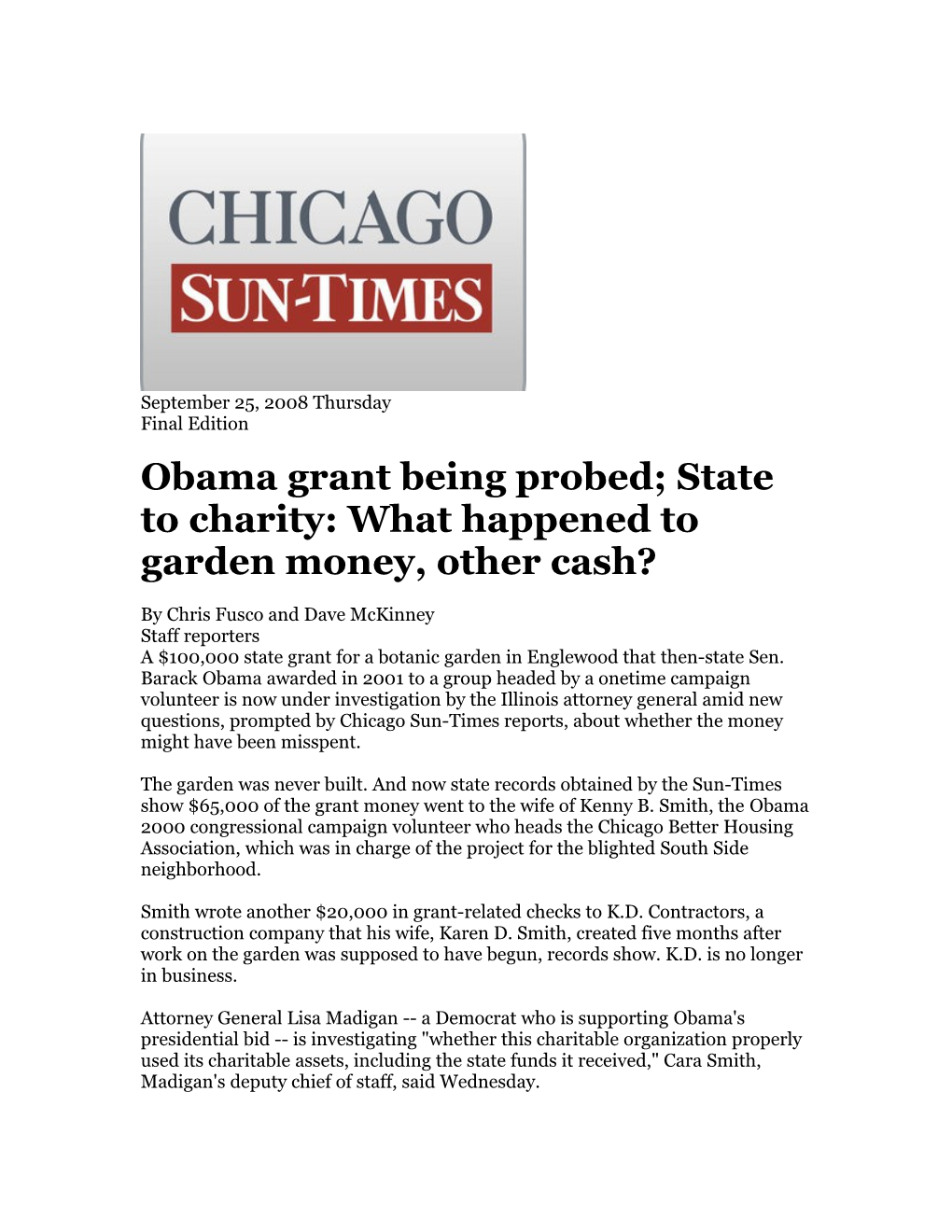 Obama Grant Being Probed; State to Charity: What Happened to Garden Money, Other Cash?