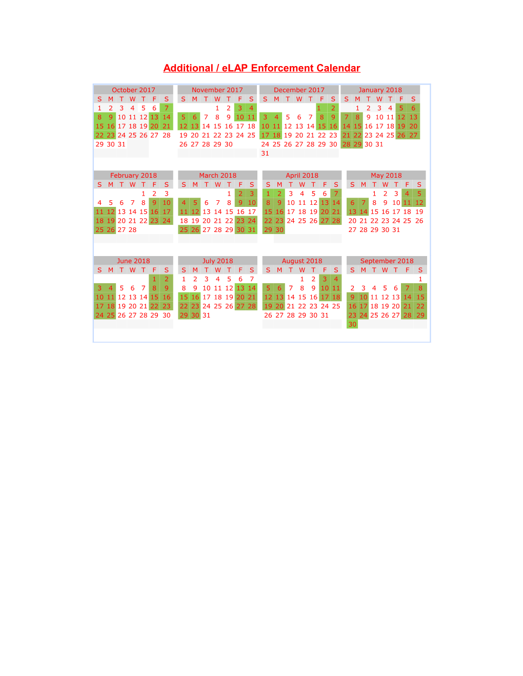 Additional / Elap Enforcement Calendar