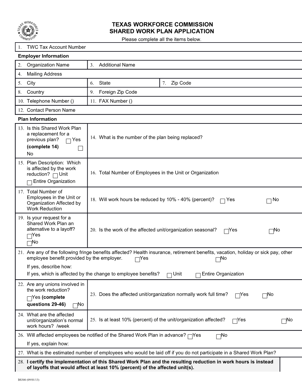 Form BS-300: Shared Work Plan Application and Employee Participant List