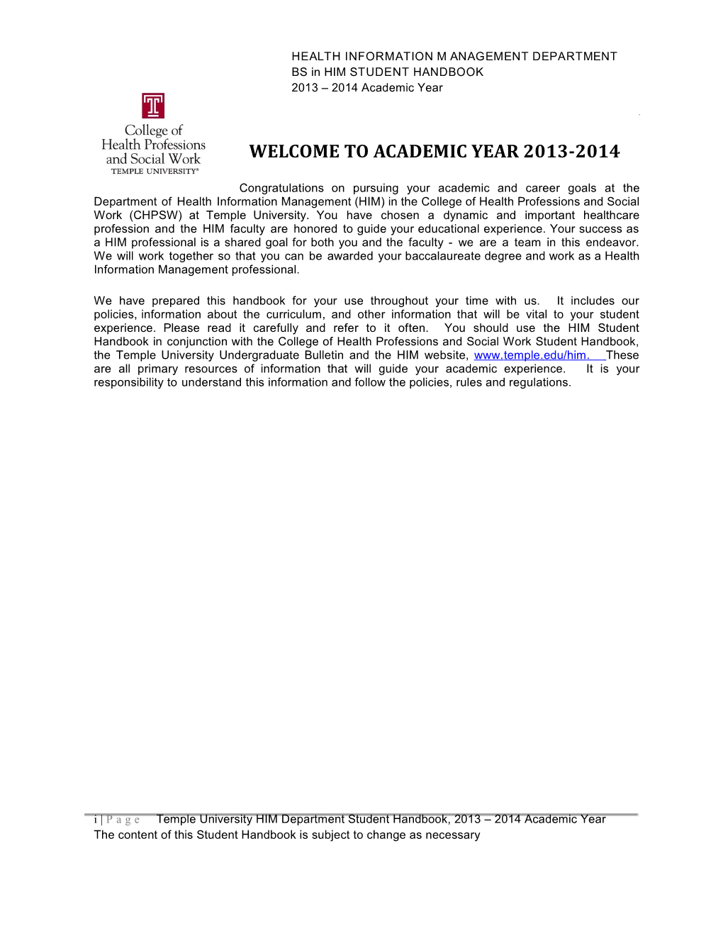 Welcome to Academic Year 2013-2014