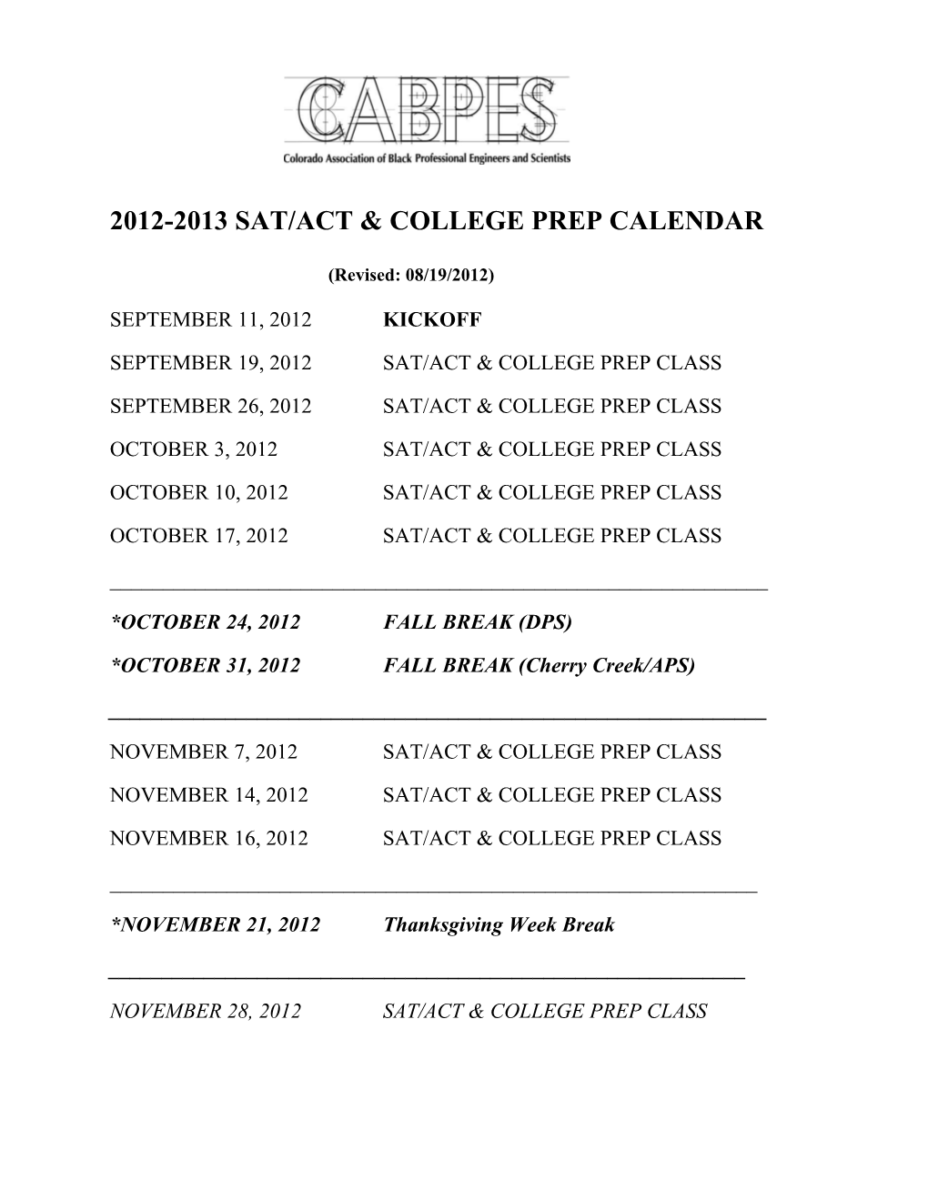 2012-2013 Sat/Act & College Prep Calendar