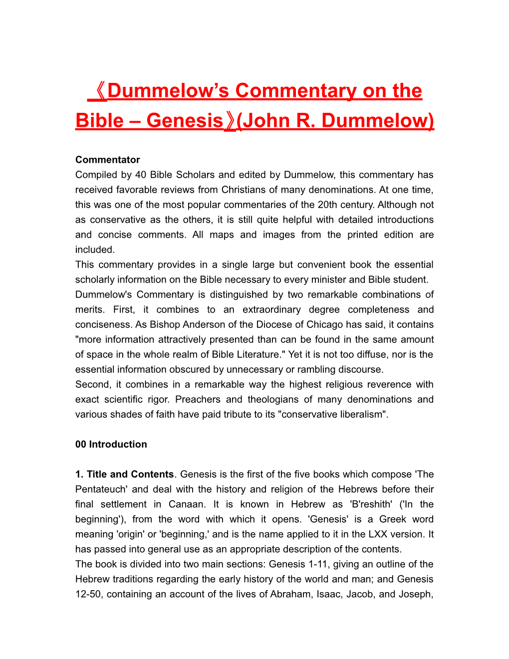 Dummelow S Commentary on the Bible Genesis (John R. Dummelow)