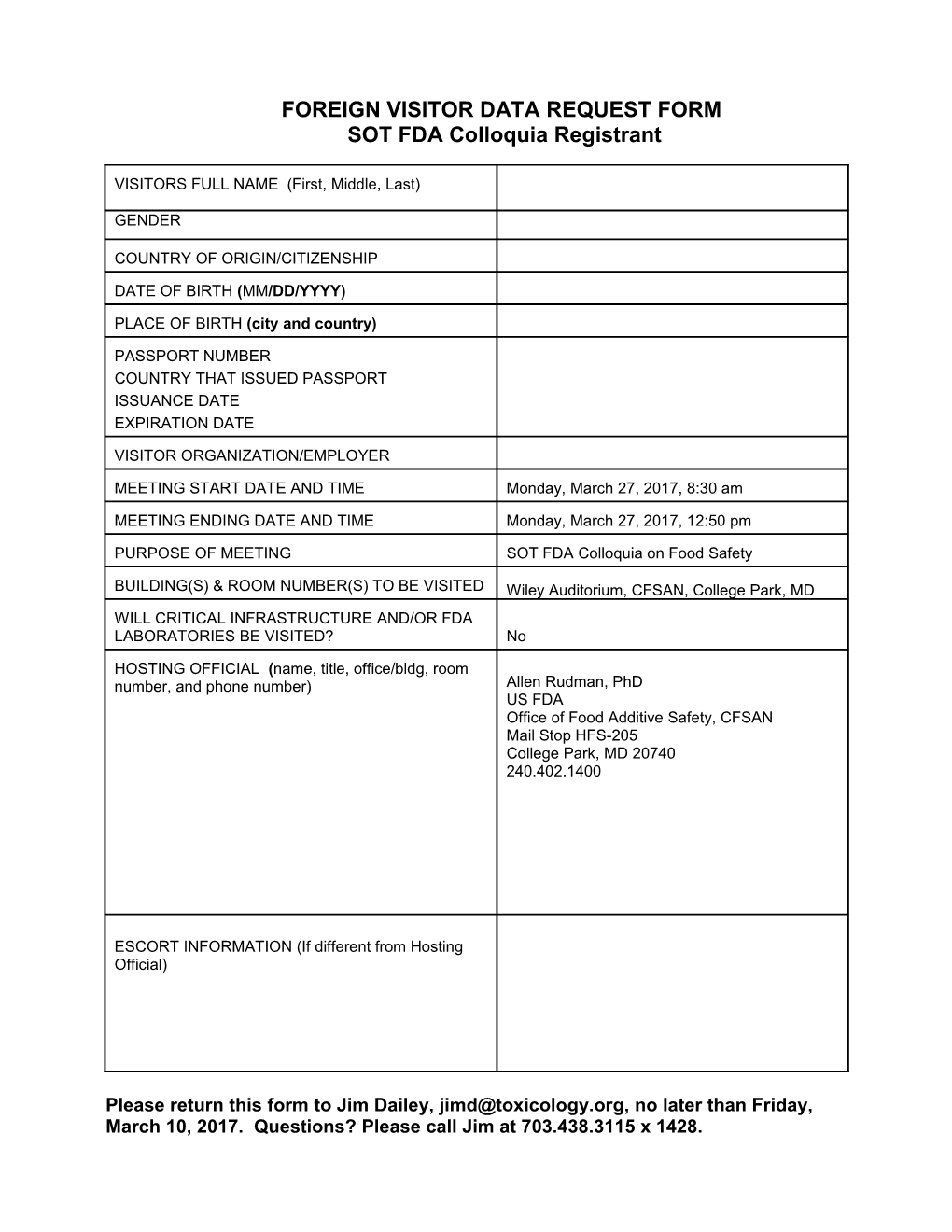 Foreign Visitor Data Request Form