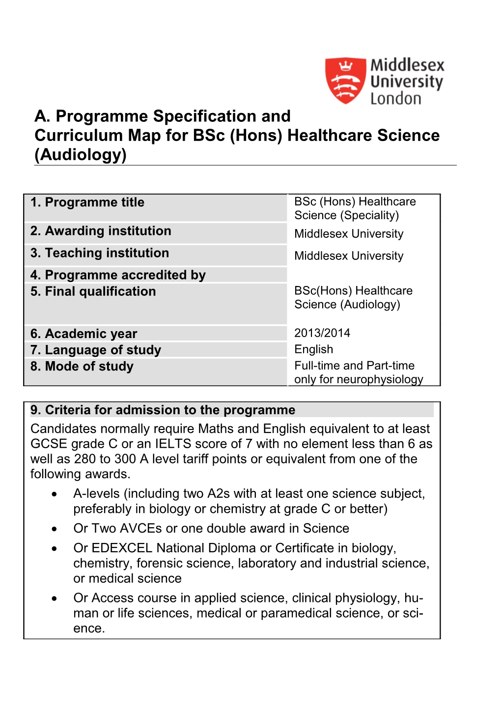 A. Programme Specification and Curriculum Map for Bsc (Hons) Healthcare Science (Audiology)