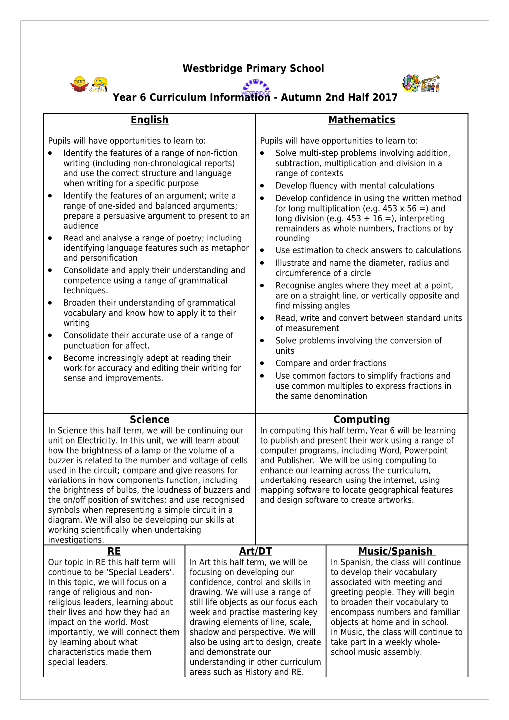 Year 6 Curriculum Information - Autumn 2Nd Half 2017