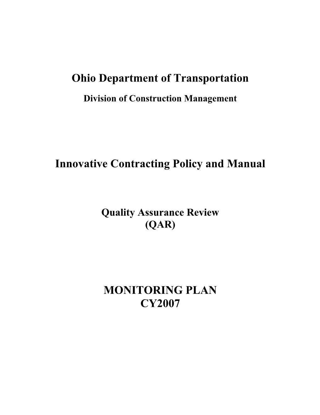 Innovative Contracting Policy and Manual - Quality Assurance Review - Monitoring Plan