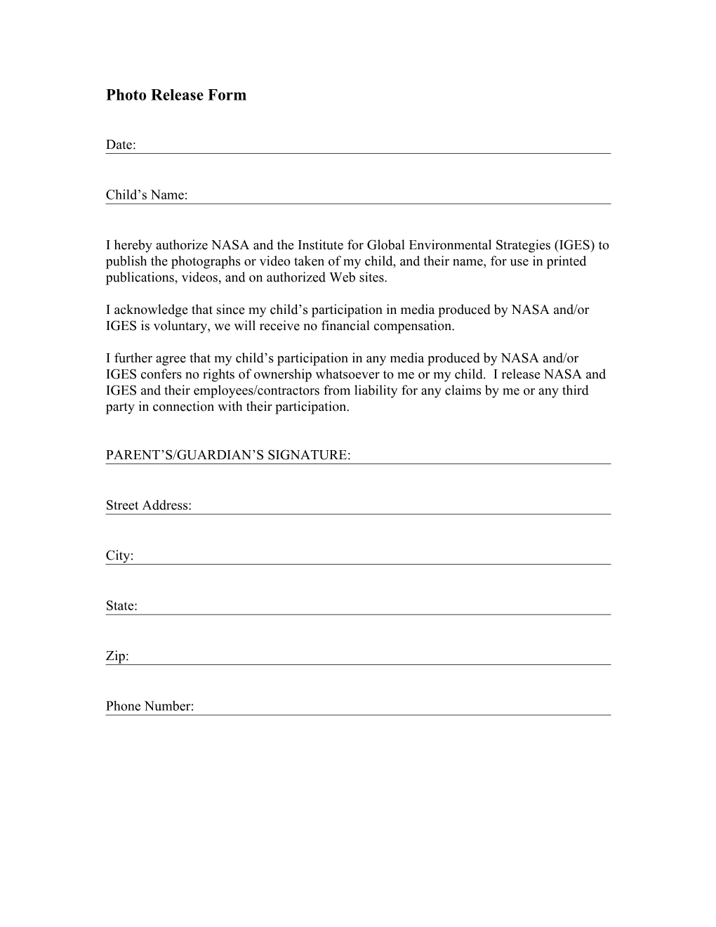 Student Photo Release Form