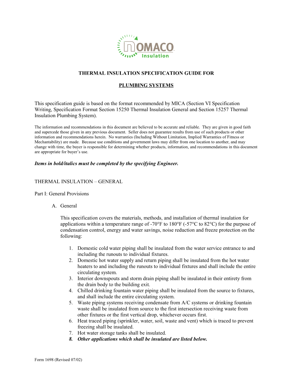 MICA Spec Imcoa/Flextherm Thermal Insulation Spec Guide for Plumbing Systems