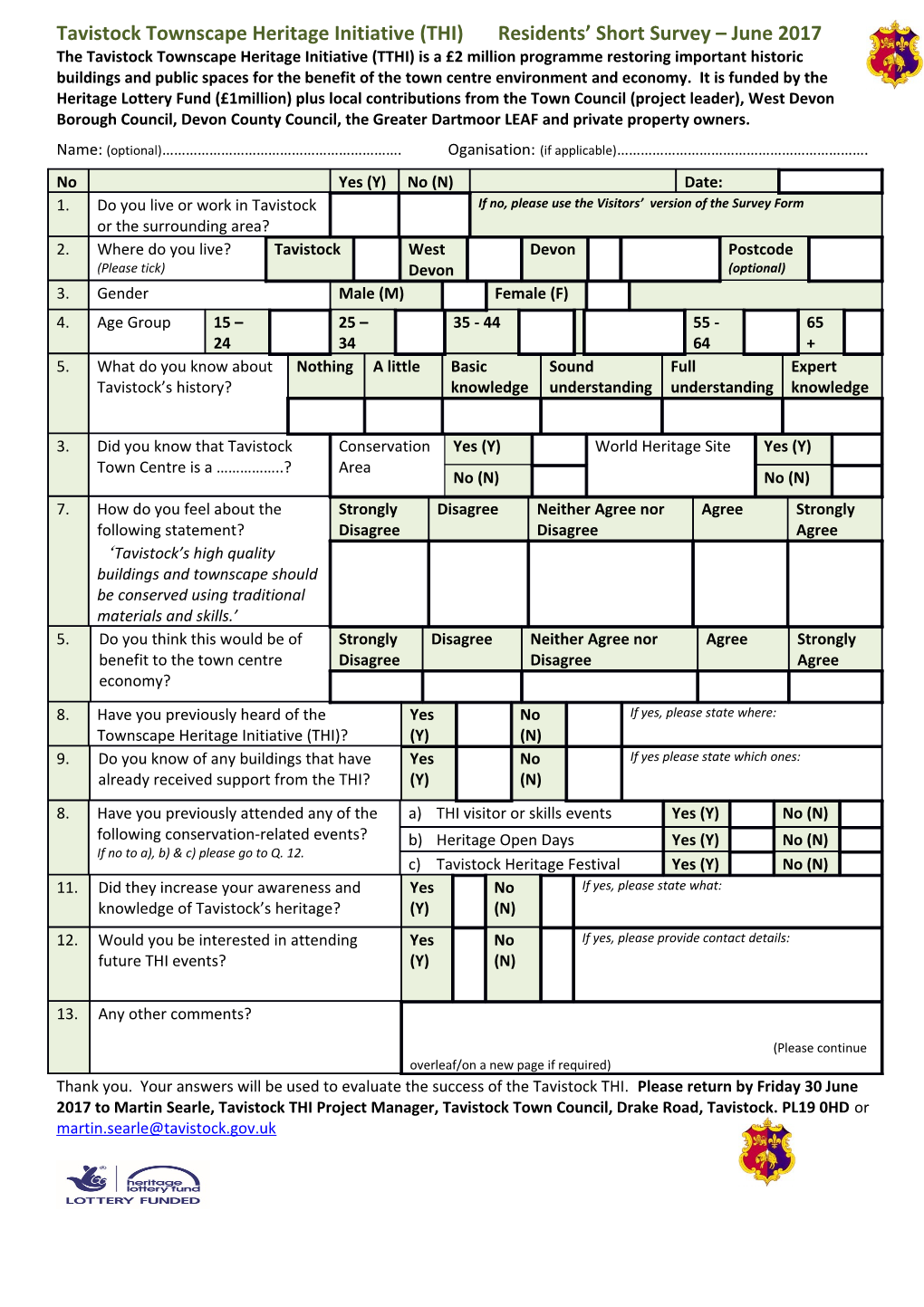 Tavistock Townscape Heritage Initiative (THI) Residents Short Survey June 2017
