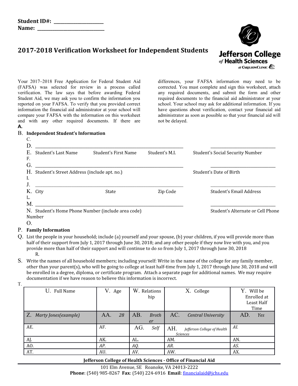 2017-2018 Verification Work Sheet for Independent Students