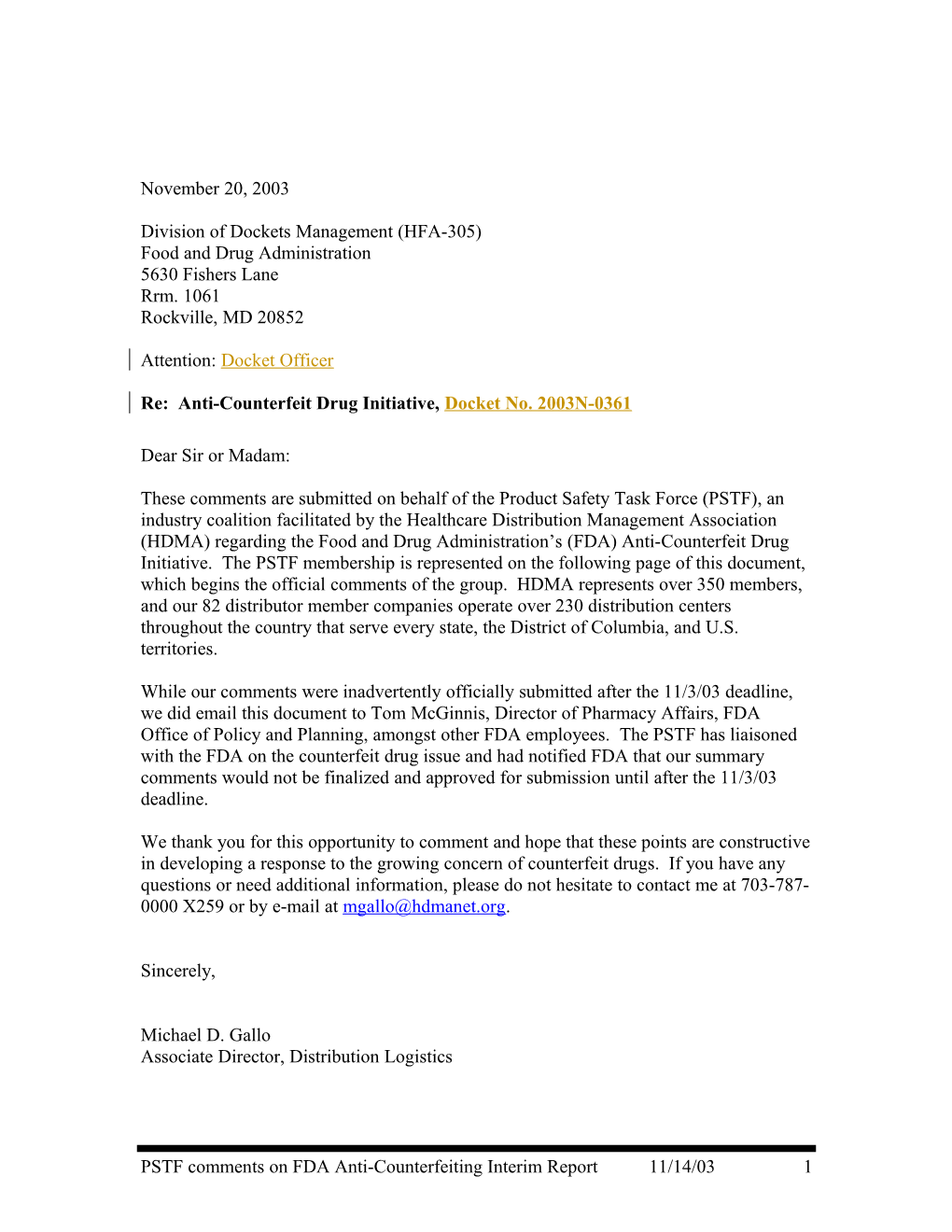 Division of Dockets Management (HFA-305)