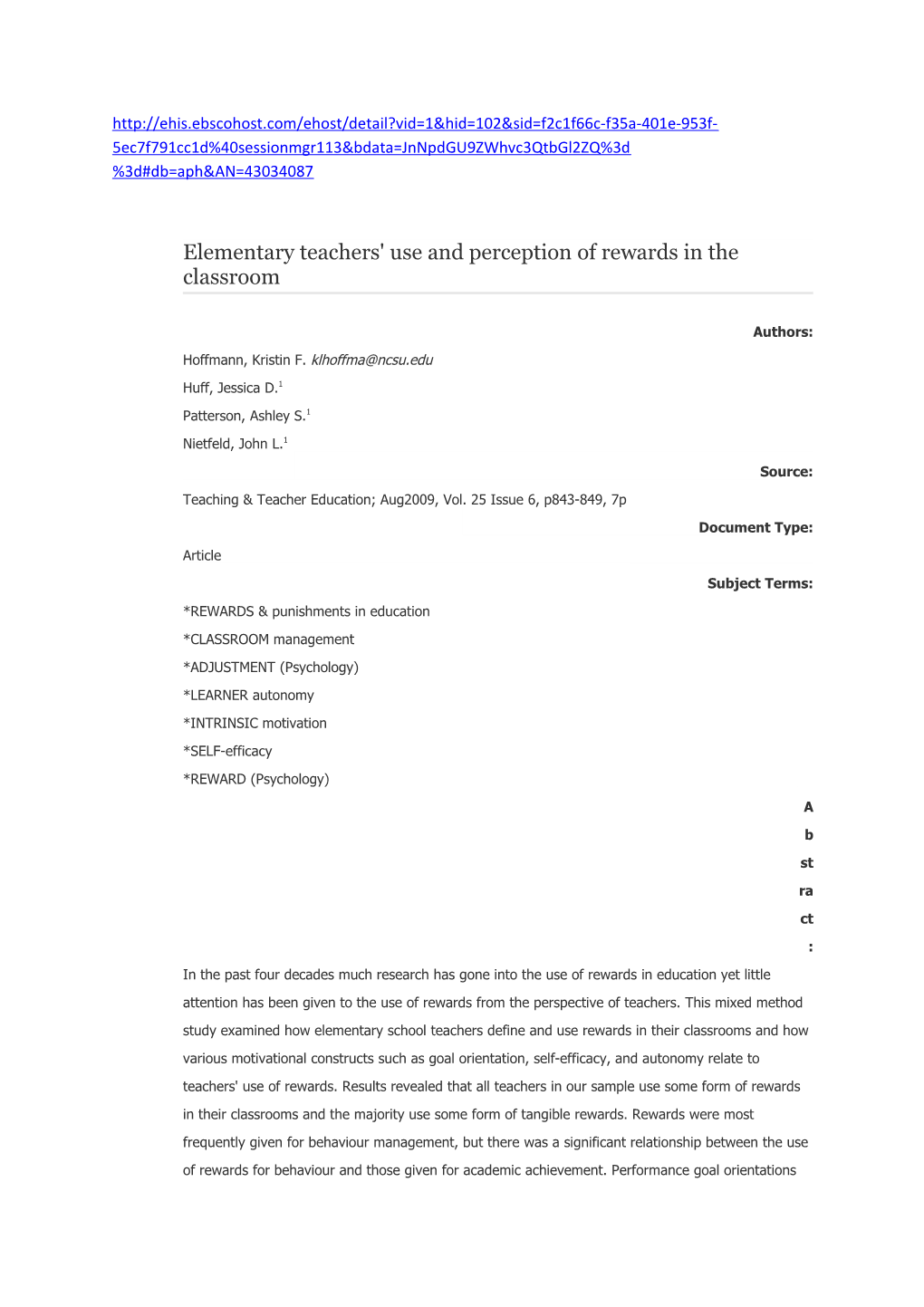 Elementary Teachers' Use and Perception of Rewards in the Classroom