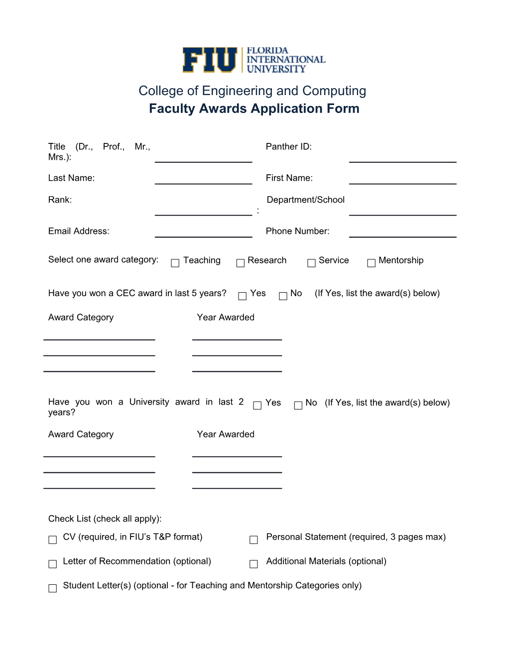 Faculty Awards Application Form