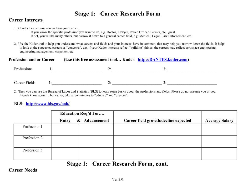 Stage 1: Career Research Form