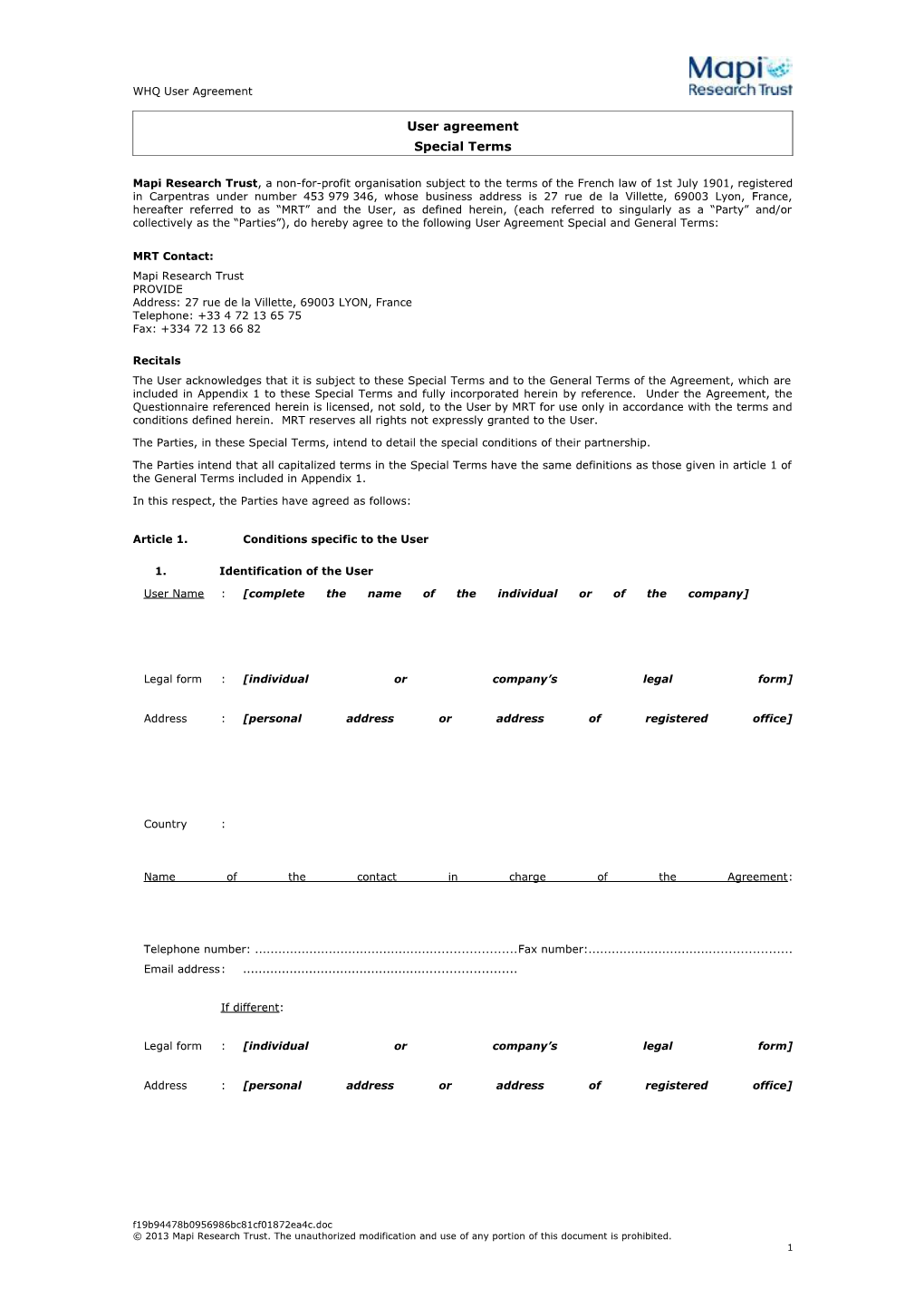 WHQ User Agreement