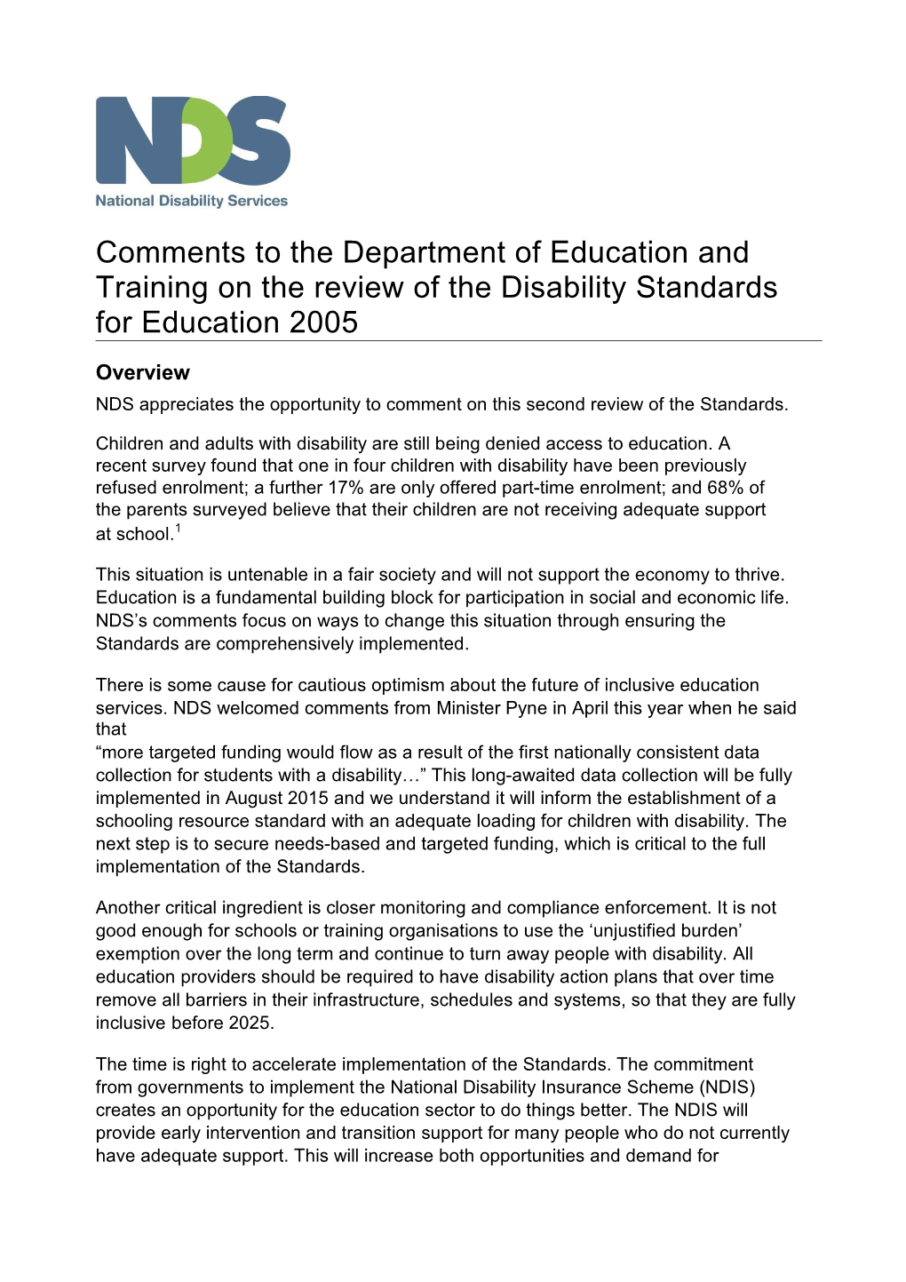 Comments to the Department of Education and Training on the Review of the Disability Standards