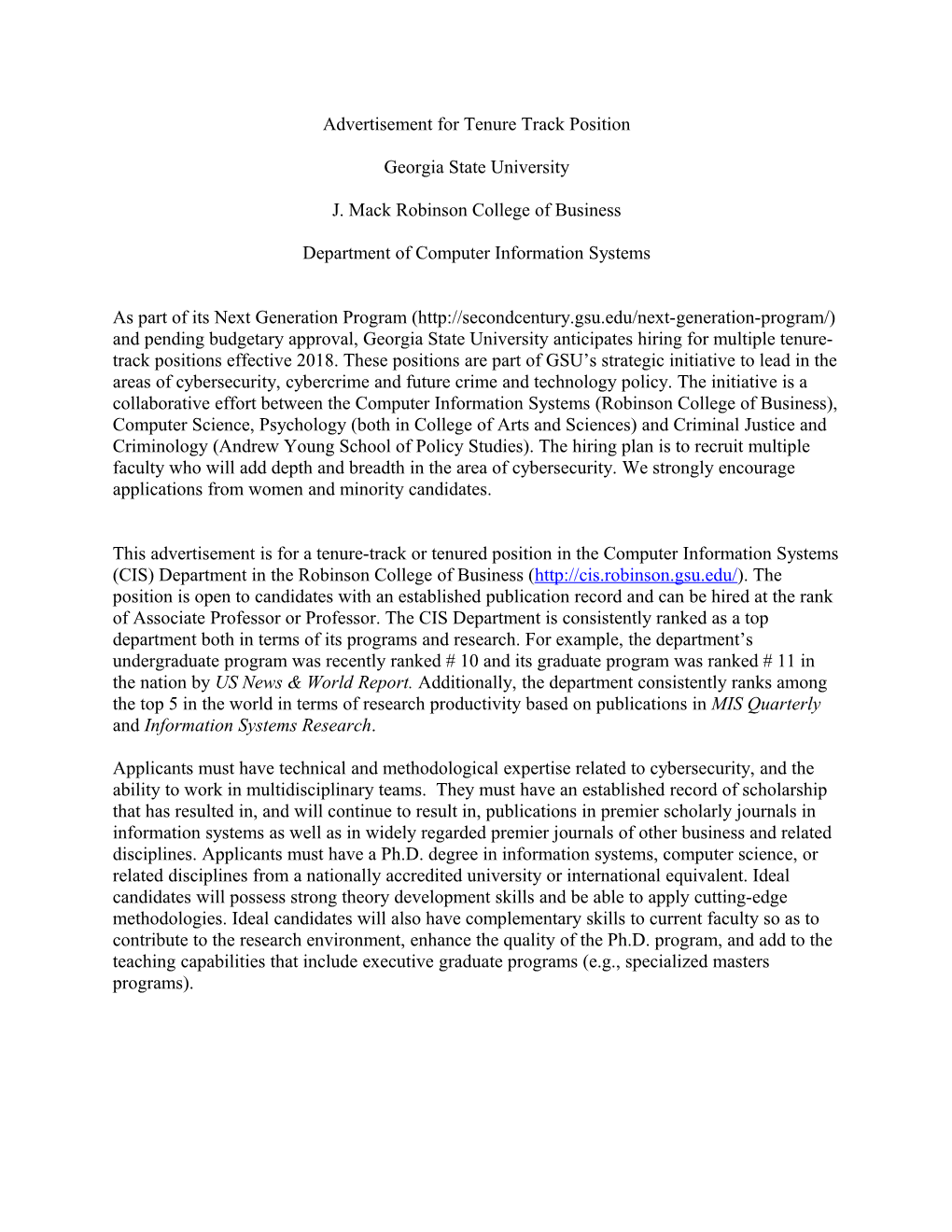 Advertisement for Tenure Track Position