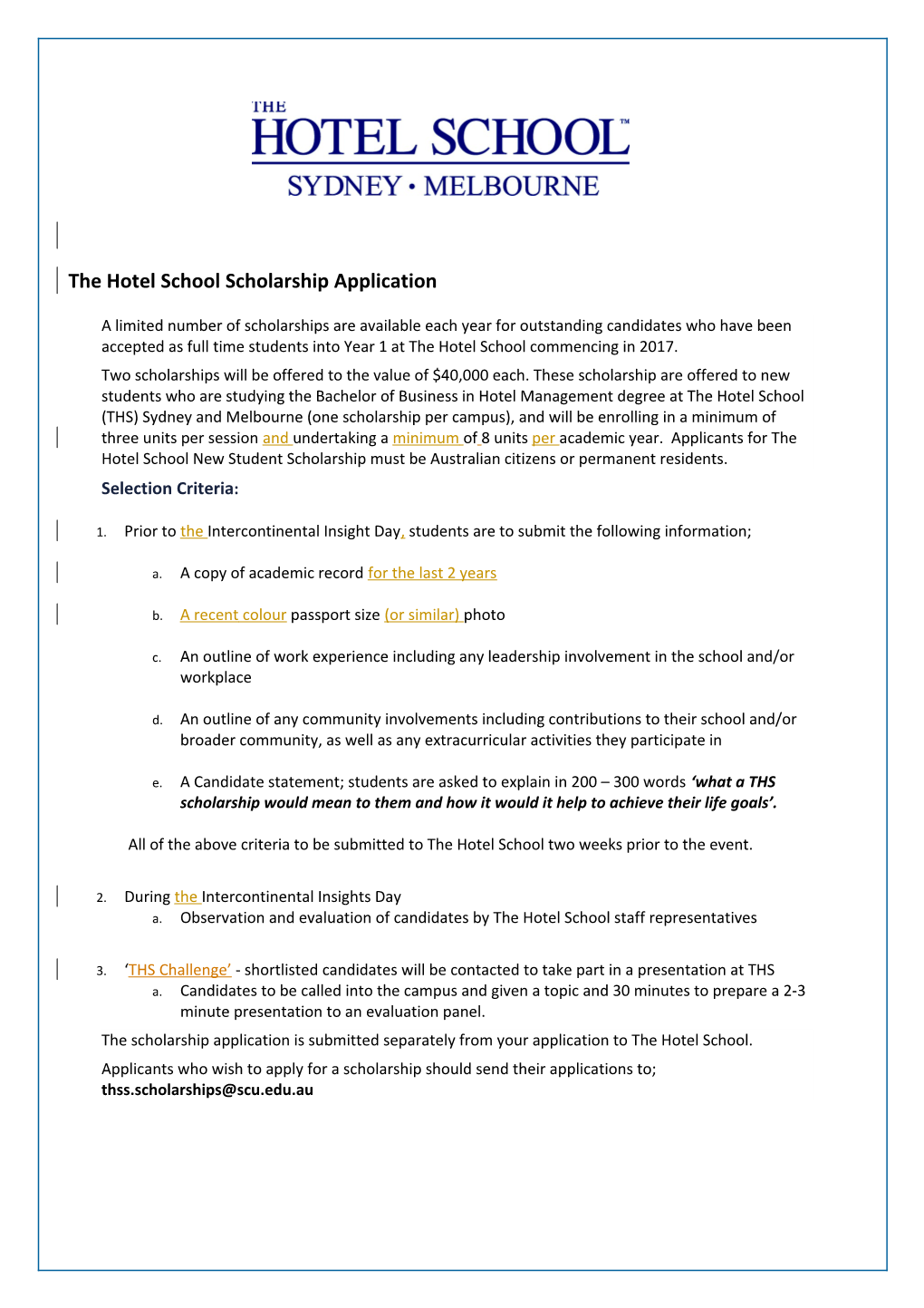 The Hotel School Scholarship Application