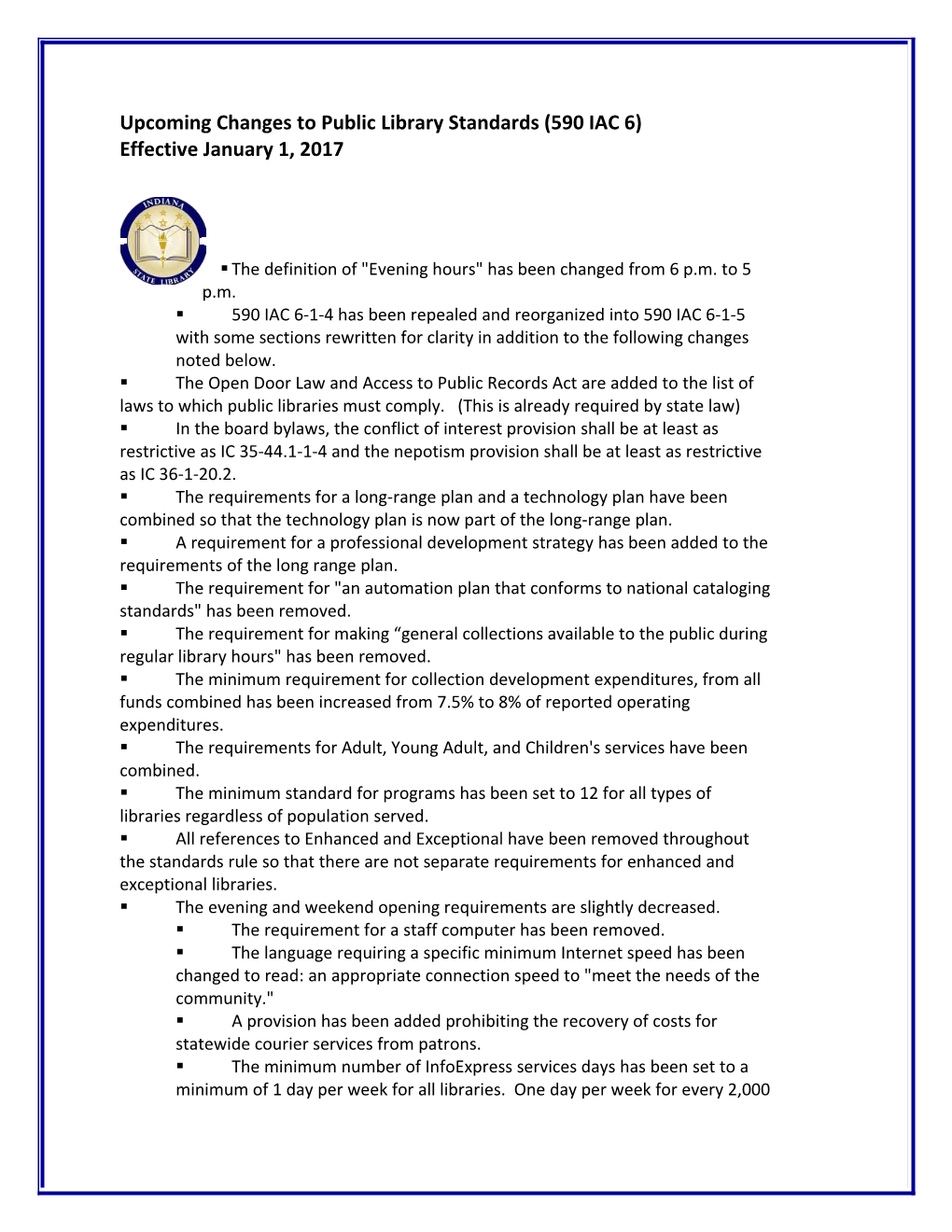 Upcoming Changes to Public Library Standards (590 IAC 6)